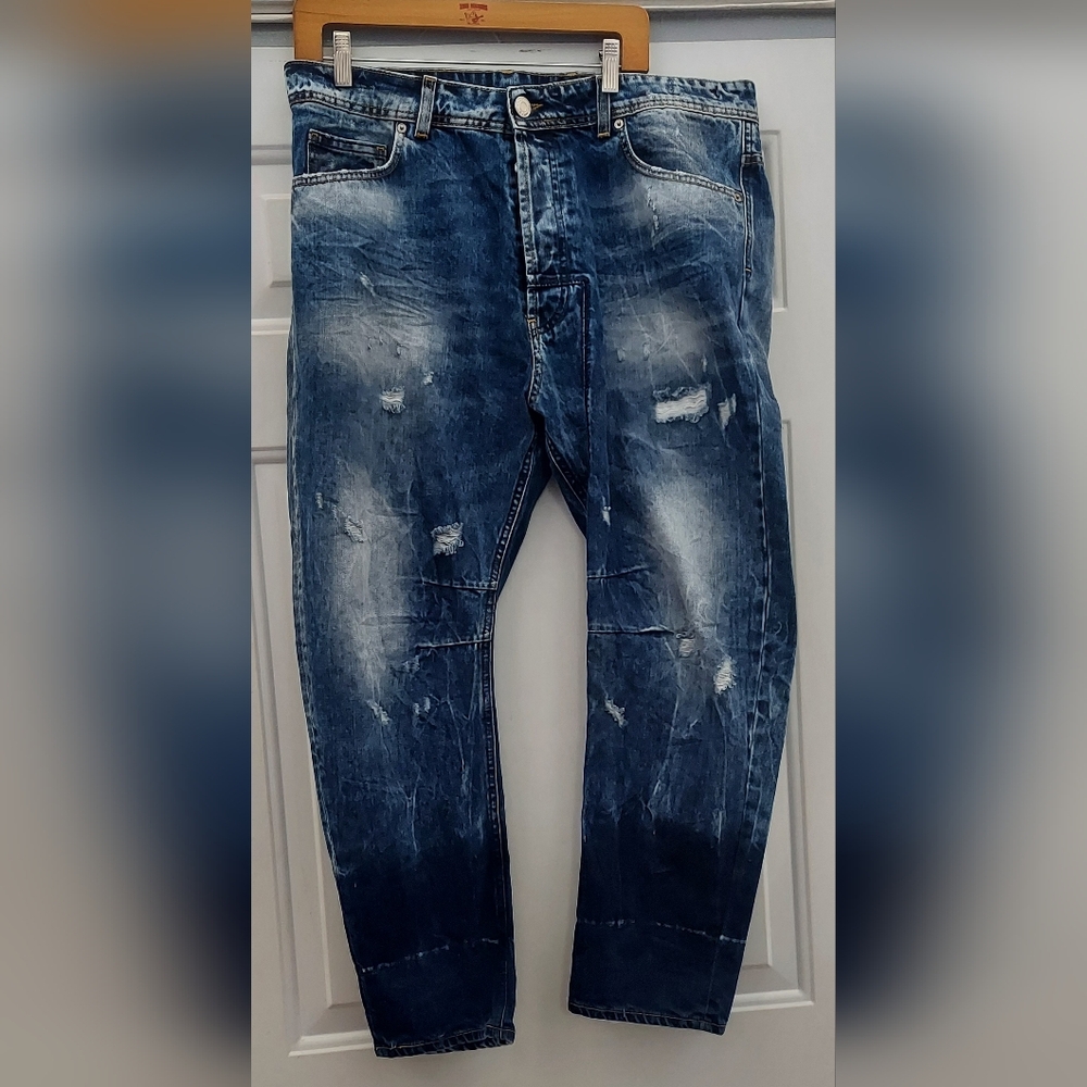 GENIUS "NEWCASTLE" MEN'S DISTRESSED DESTROYED  ANKLE JEANS SIZE 36 MADE IN ITALY